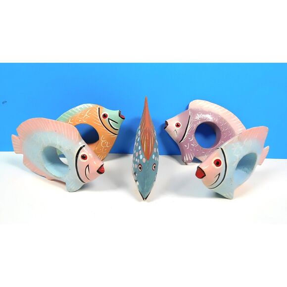 Fish Napkin Rings Set of 5 Wood Hand Painted Carved Ocean Decor - Picture 2 of 7